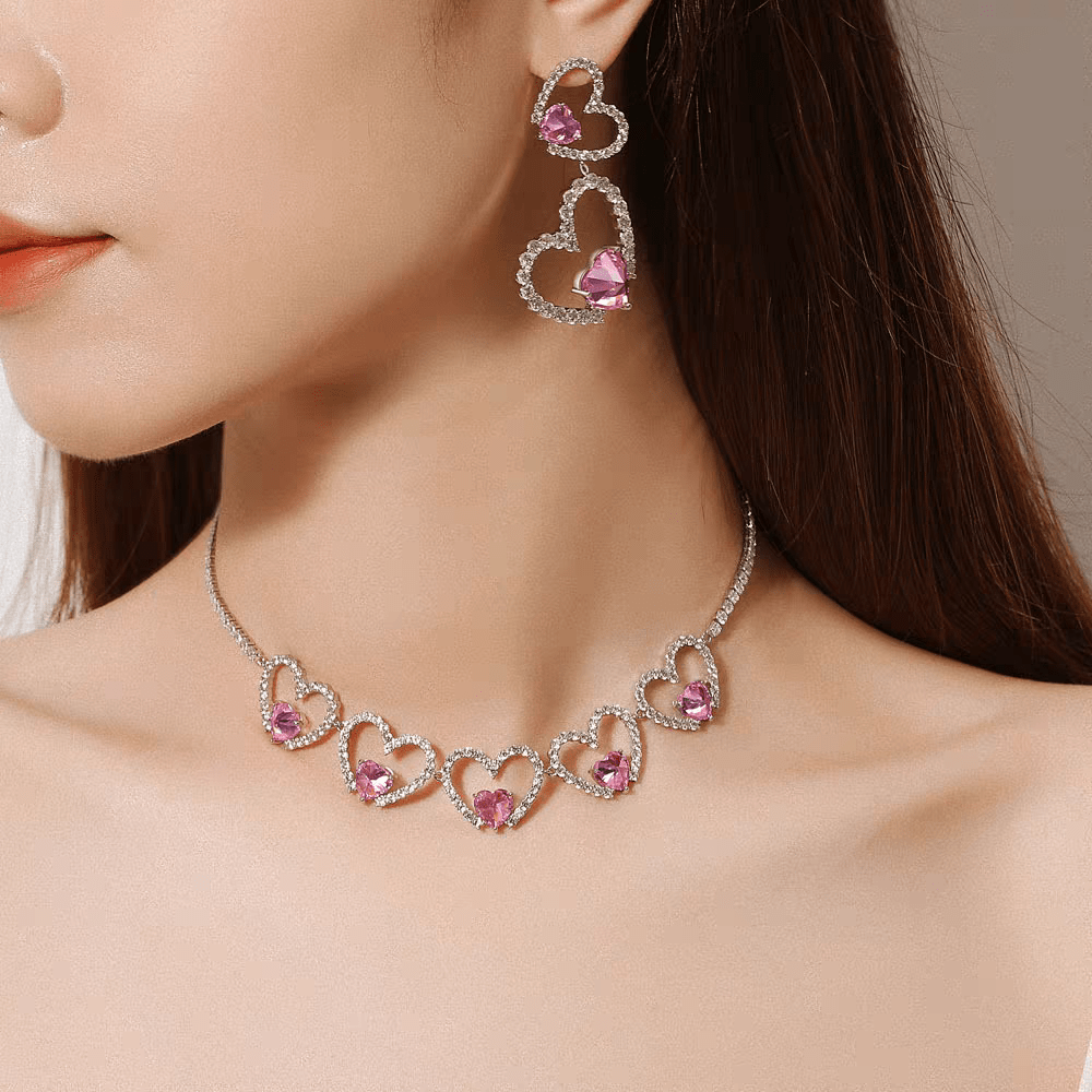 Pink Crystal Hollow Heart Necklace - ArtGalleryZen