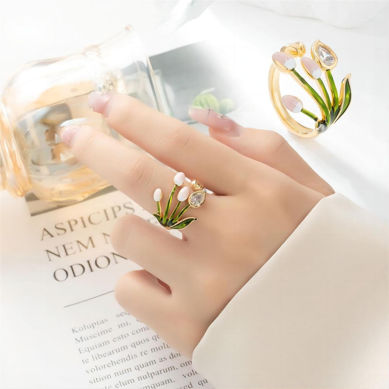 Pink Crystal Inlaid Enamel Tulip Ring - ArtGalleryZen