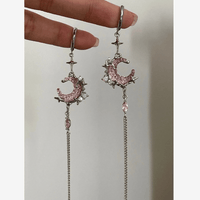 Thumbnail for Pink Crystal Moon Star Long Chain Dangle Hoop Earrings - ArtGalleryZen