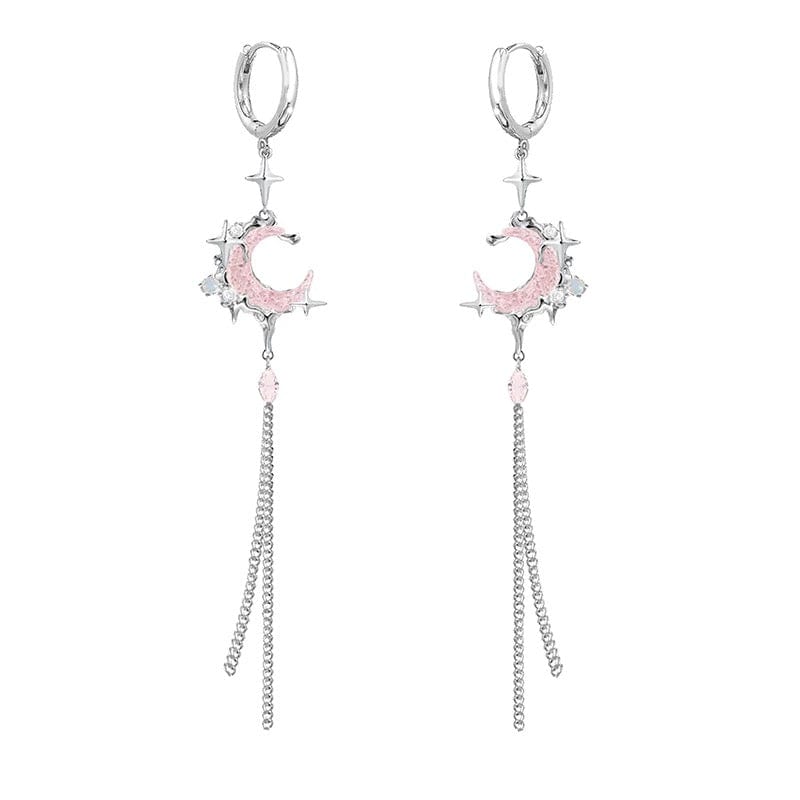 Pink Crystal Moon Star Long Chain Dangle Hoop Earrings - ArtGalleryZen