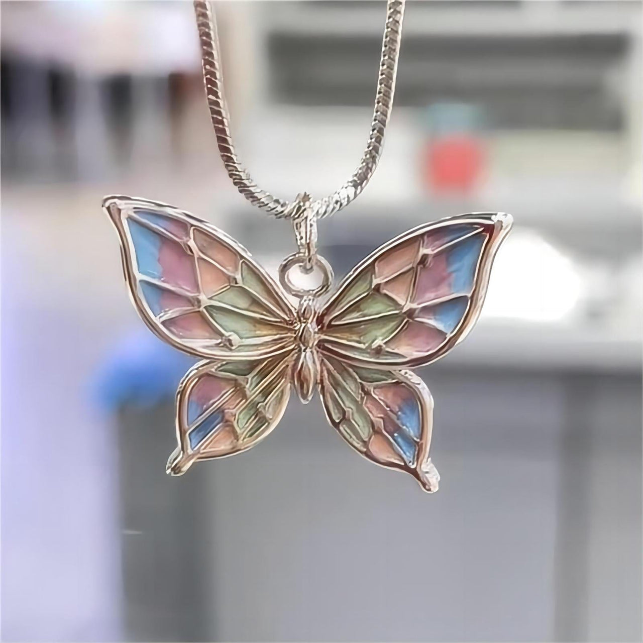 Pink Enamel Butterfly Necklace - ArtGalleryZen