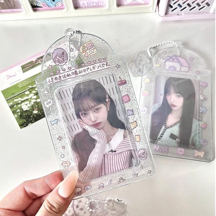 Pink Heart House Transparent Glitter Kpop Keychain Photocard Holder - ArtGalleryZen