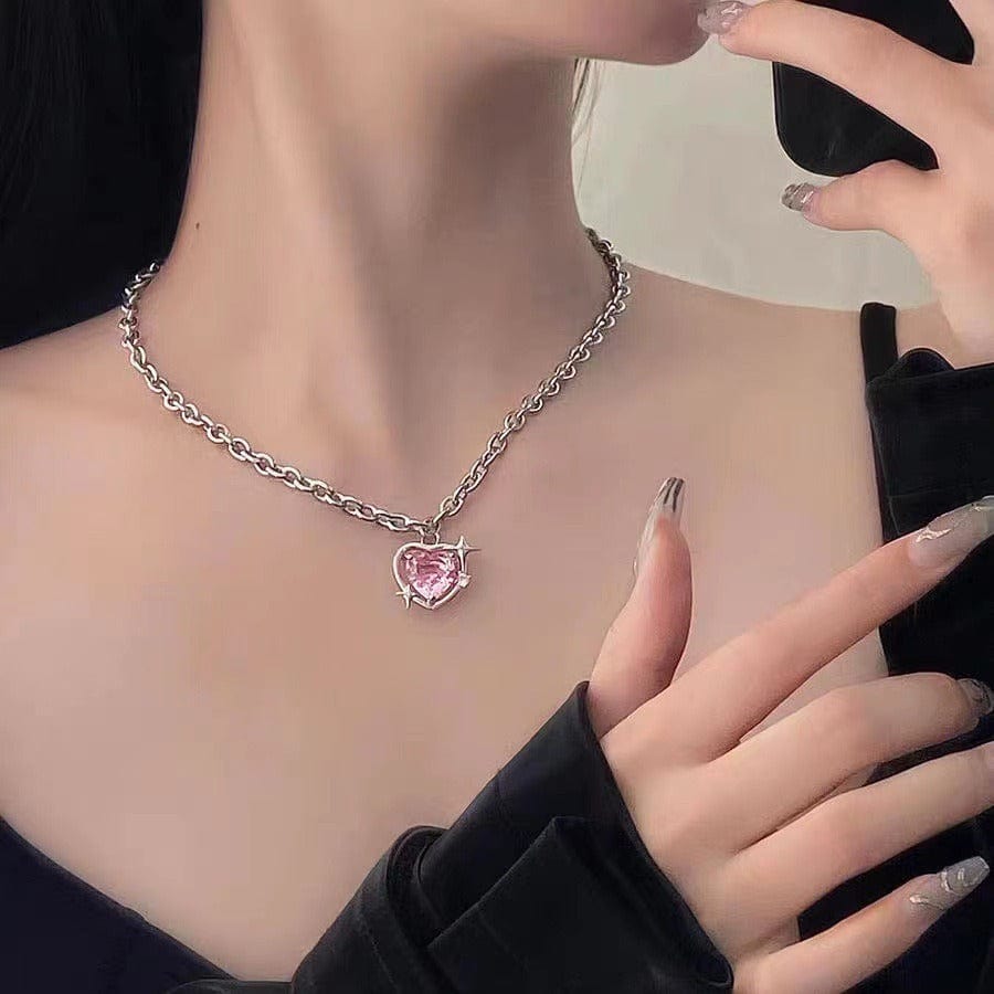 Pink Heart Star Necklace Earrings Set - ArtGalleryZen