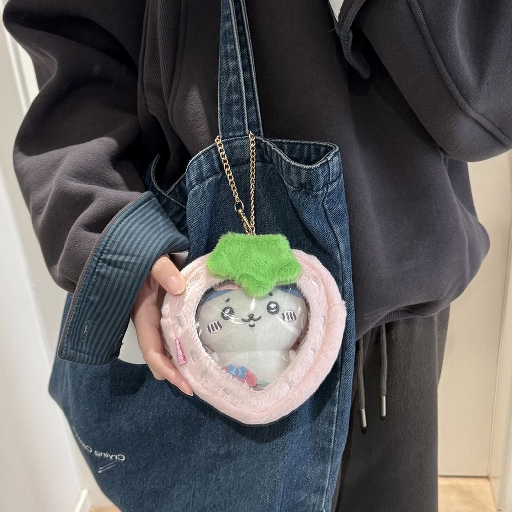 Plush Fruit Doll Clear Display Keychain Bag Kawaii Strawberry Apple - ArtGalleryZen