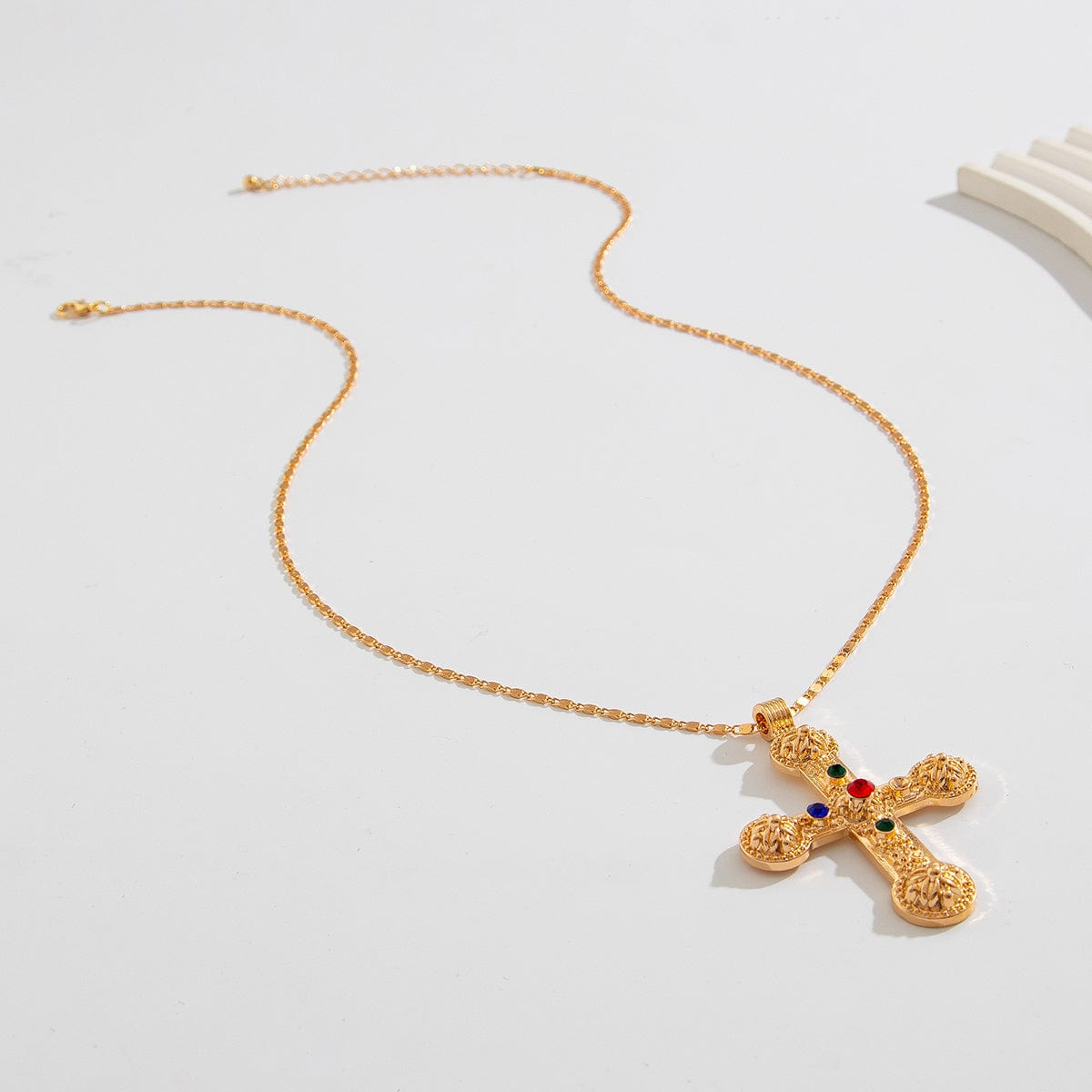 Punk Chunky Rhinestone Inlaid Floral Cross Pendant Necklace - ArtGalleryZen