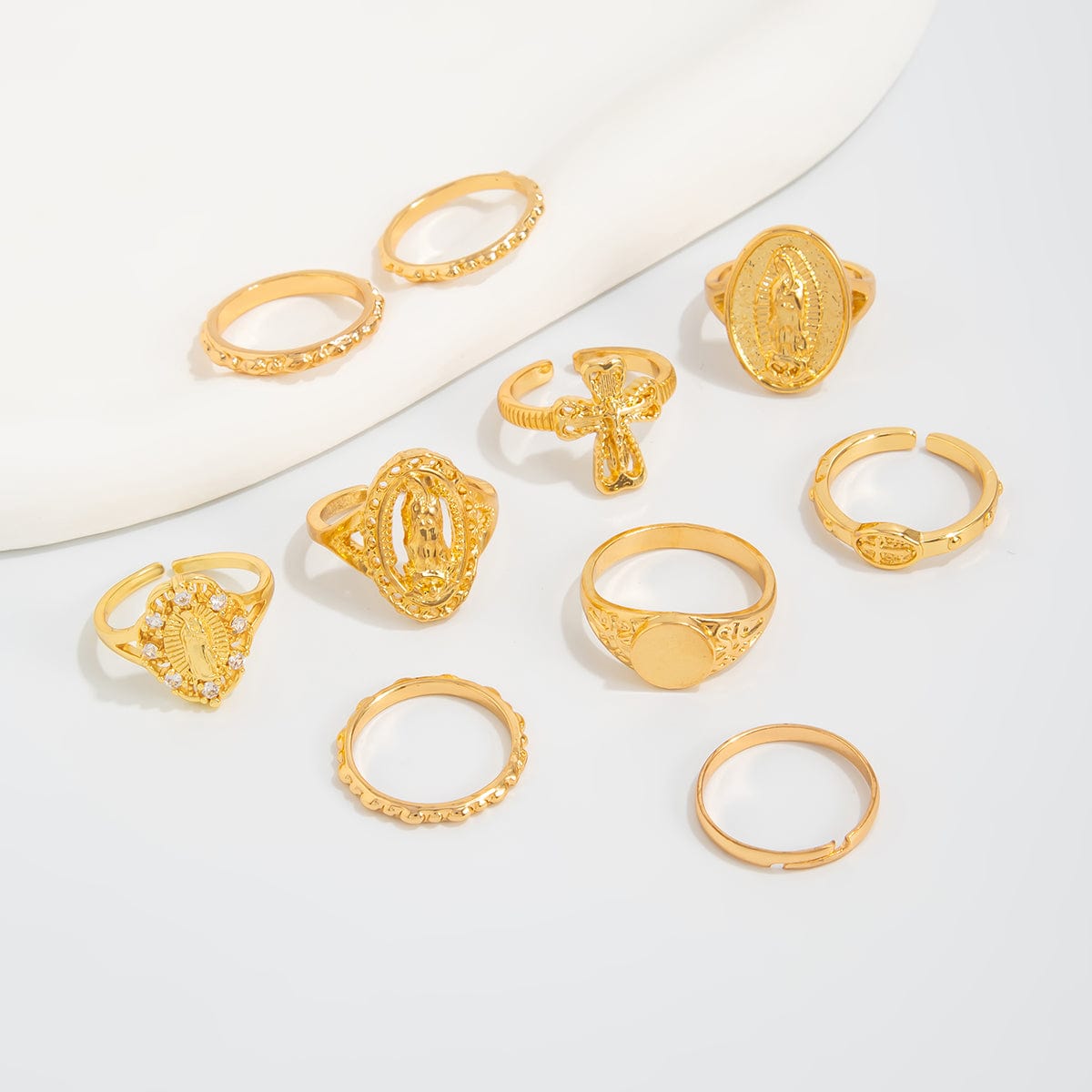 Punk Style 10pcs Rhinestone Inlaid Hollow Oval Disk Cross Ring Set - ArtGalleryZen