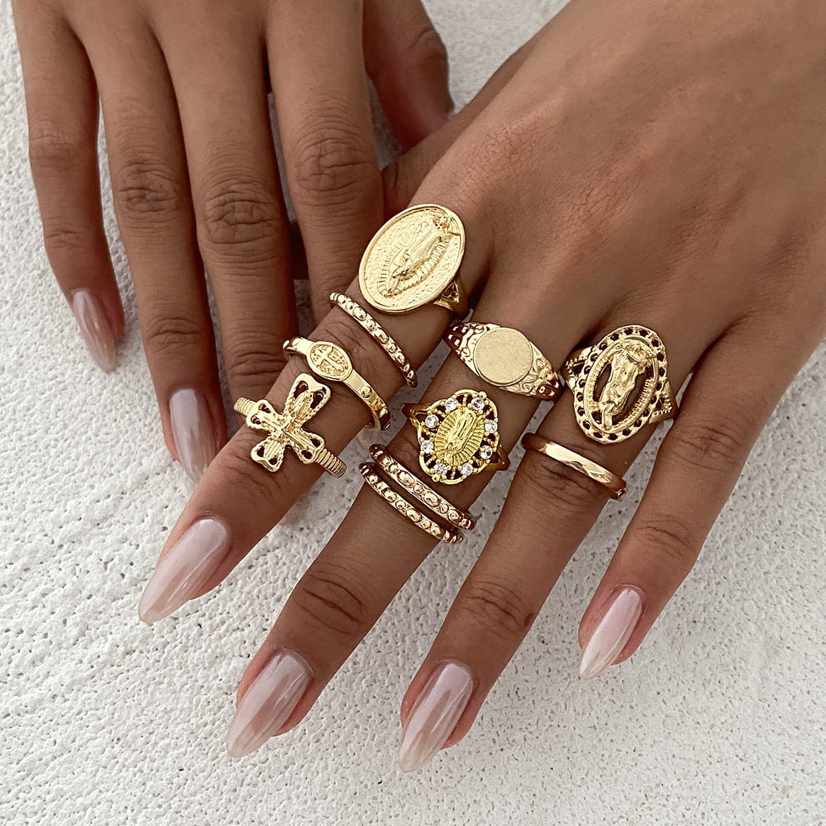 Punk Style 10pcs Rhinestone Inlaid Hollow Oval Disk Cross Ring Set - ArtGalleryZen
