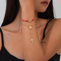 Thumbnail for Retro 2pcs Cross Relief Disk Charm Braided Jade Cord Bracelet Set - ArtGalleryZen