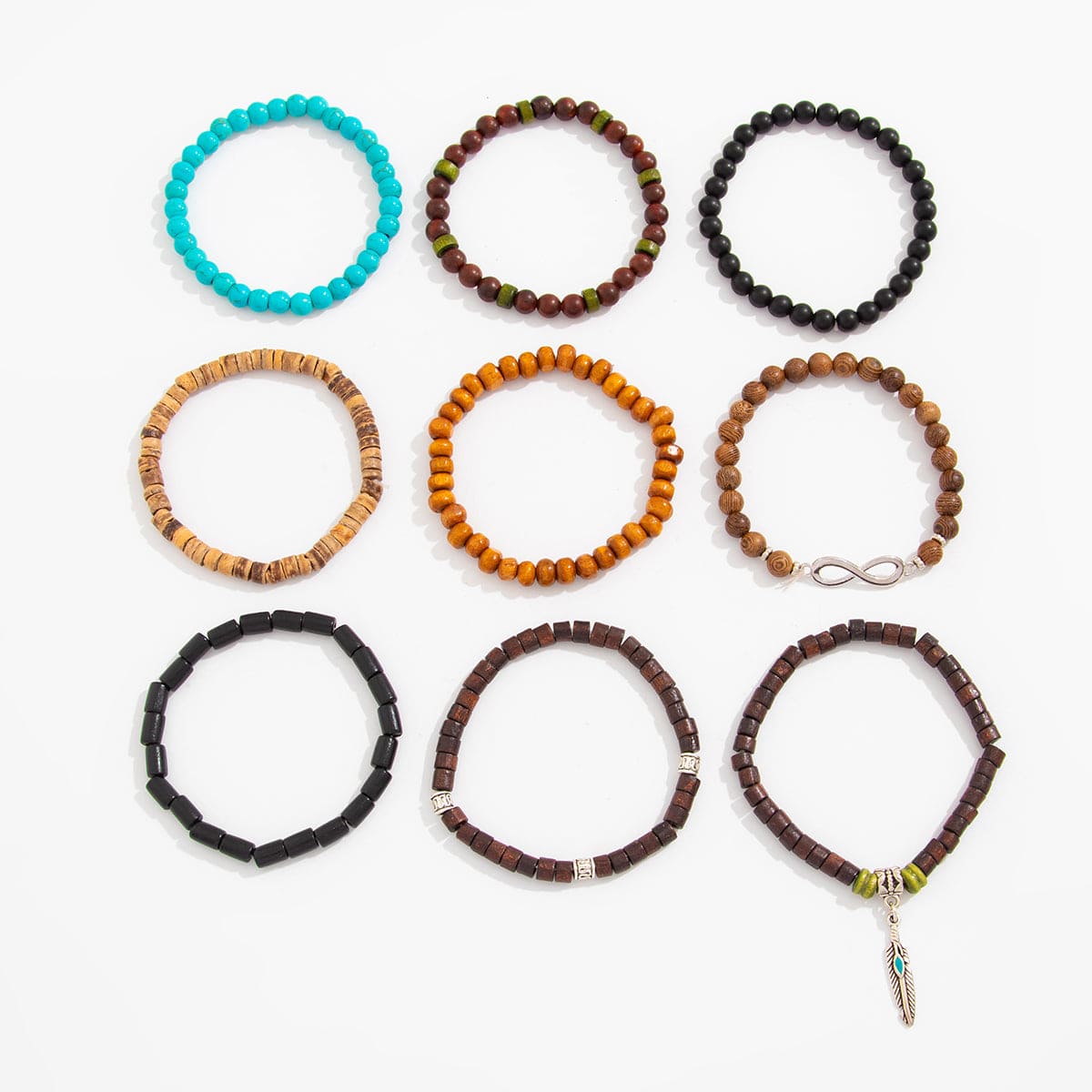 Retro 9pcs Infinity Symbol Feather Charm Turquoise Coconut Shell Wood Beaded Chain Bracelet Set - ArtGalleryZen