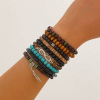 Thumbnail for Retro 9pcs Infinity Symbol Feather Charm Turquoise Coconut Shell Wood Beaded Chain Bracelet Set - ArtGalleryZen
