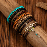Thumbnail for Retro 9pcs Infinity Symbol Feather Charm Turquoise Coconut Shell Wood Beaded Chain Bracelet Set - ArtGalleryZen