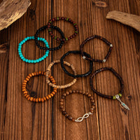 Thumbnail for Retro 9pcs Infinity Symbol Feather Charm Turquoise Coconut Shell Wood Beaded Chain Bracelet Set - ArtGalleryZen