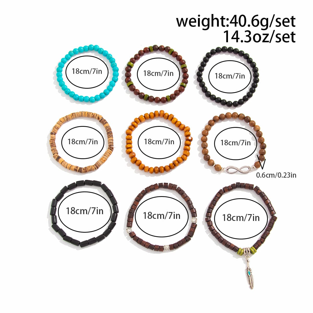 Retro 9pcs Infinity Symbol Feather Charm Turquoise Coconut Shell Wood Beaded Chain Bracelet Set - ArtGalleryZen