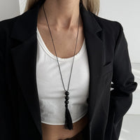 Thumbnail for Retro Black Resin Beads Tassel Necklace Adjustable Wax Cord - ArtGalleryZen