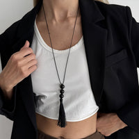 Thumbnail for Retro Black Resin Beads Tassel Necklace Adjustable Wax Cord - ArtGalleryZen