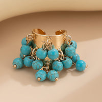 Thumbnail for Retro Chunky Tiger Stone Turquoise Pearl Tassel Wide Open Ring - ArtGalleryZen