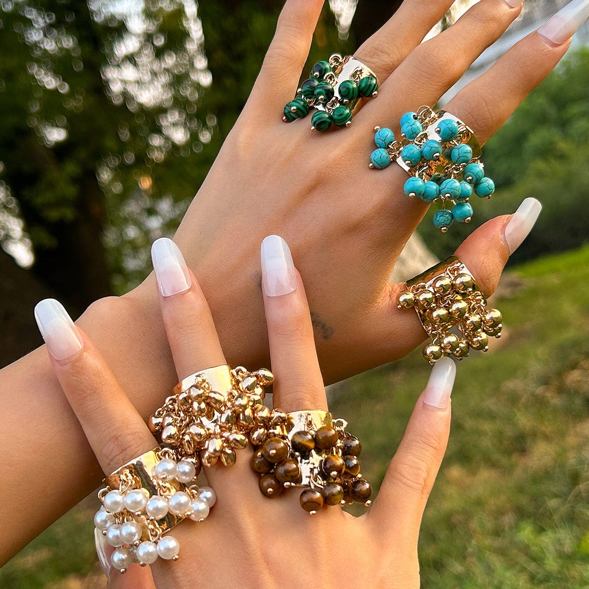 Retro Chunky Tiger Stone Turquoise Pearl Tassel Wide Open Ring - ArtGalleryZen