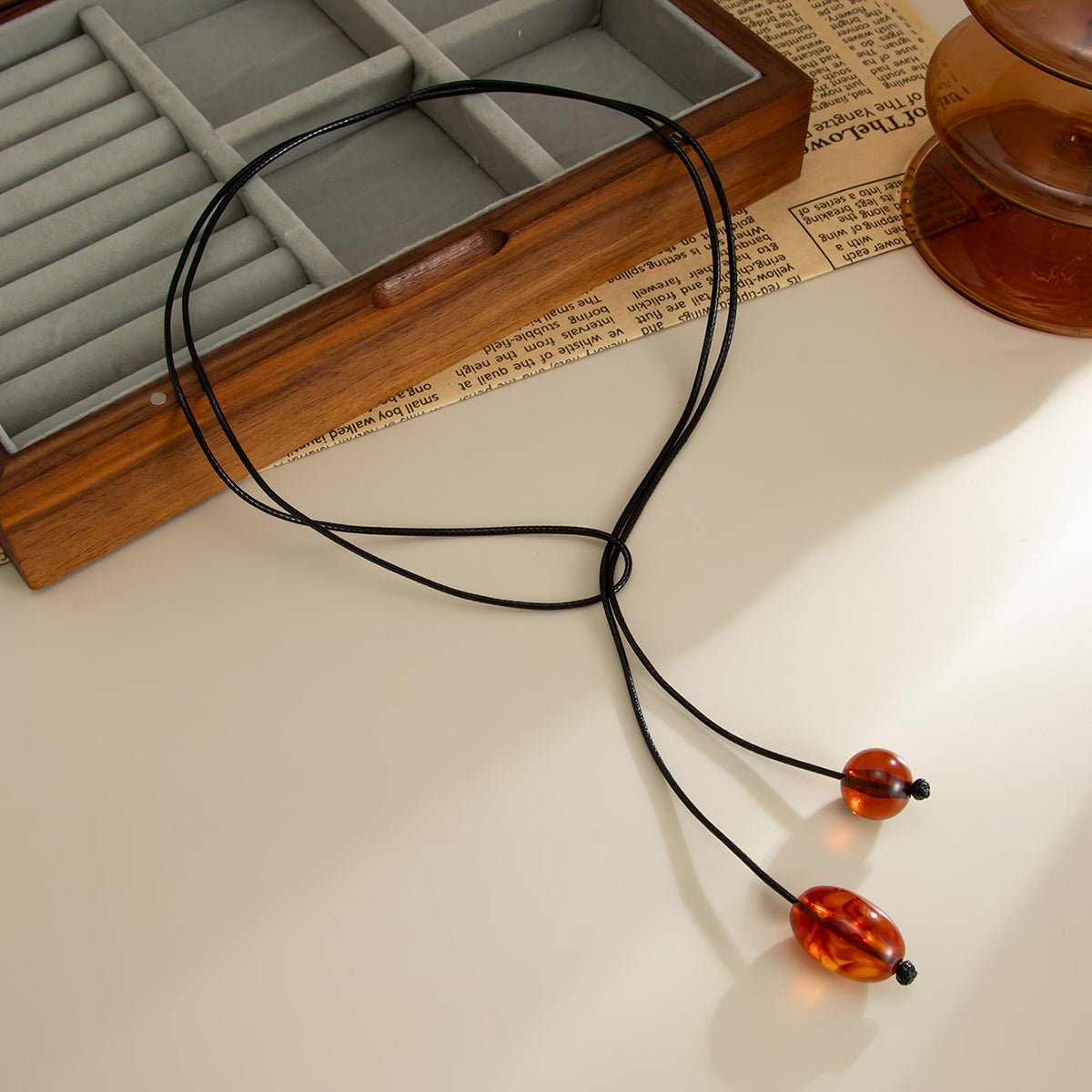 Retro Clear Resin Pendant Long Chain Necklace 45" Wax Cord - ArtGalleryZen