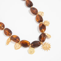 Thumbnail for Retro Heart Sun Pendant Amber Beaded Necklace Vintage Boho Statement - ArtGalleryZen