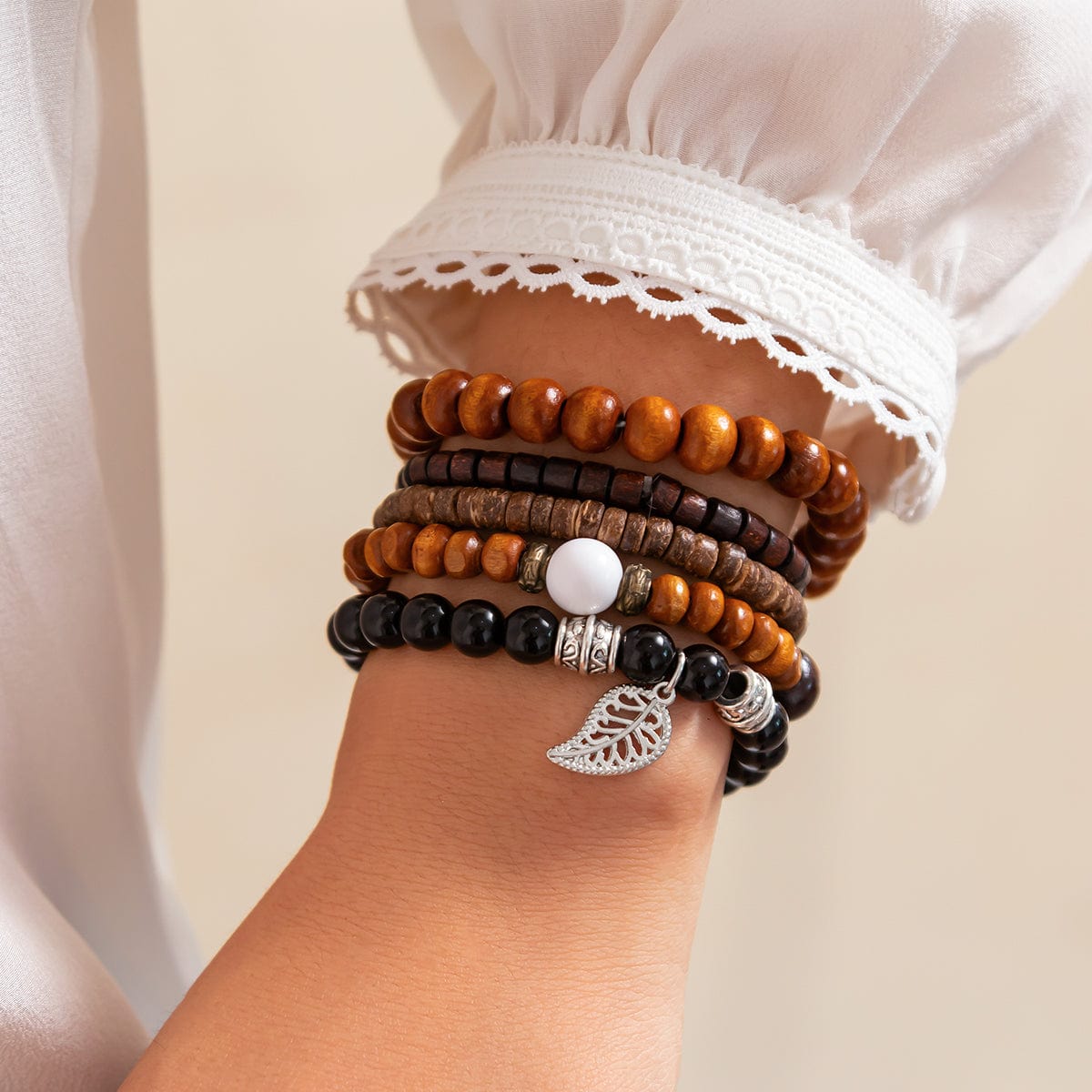 Retro Layered Feather Charm Coconut Shell Wood Beaded Chain Bracelet Set - ArtGalleryZen