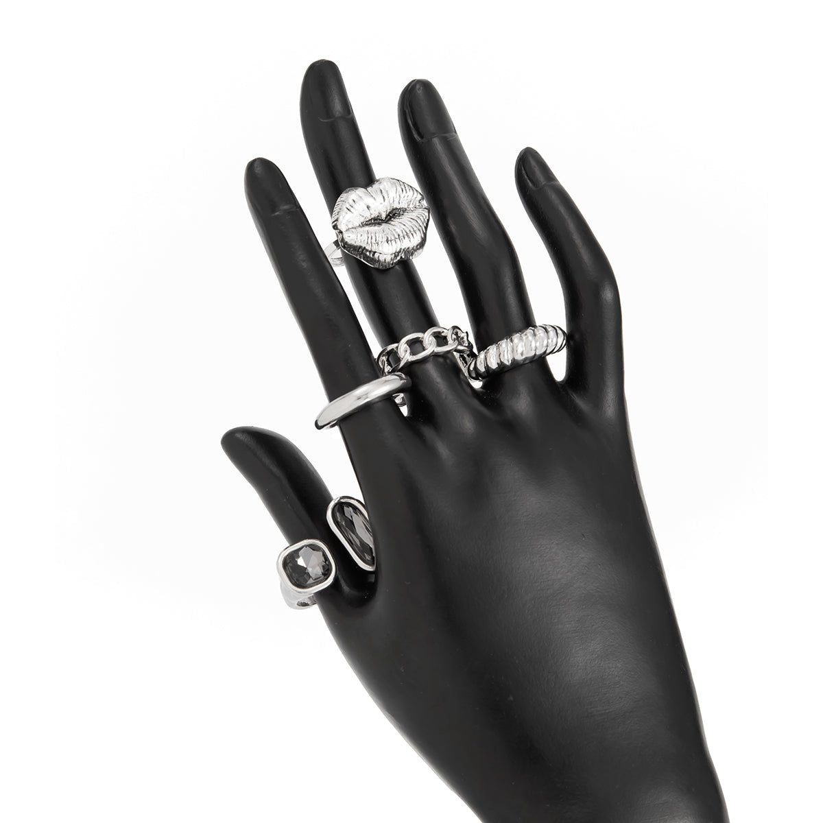 Rhinestone Ring Set 5pcs - Lip Hollow Twisted Statement Rings - ArtGalleryZen