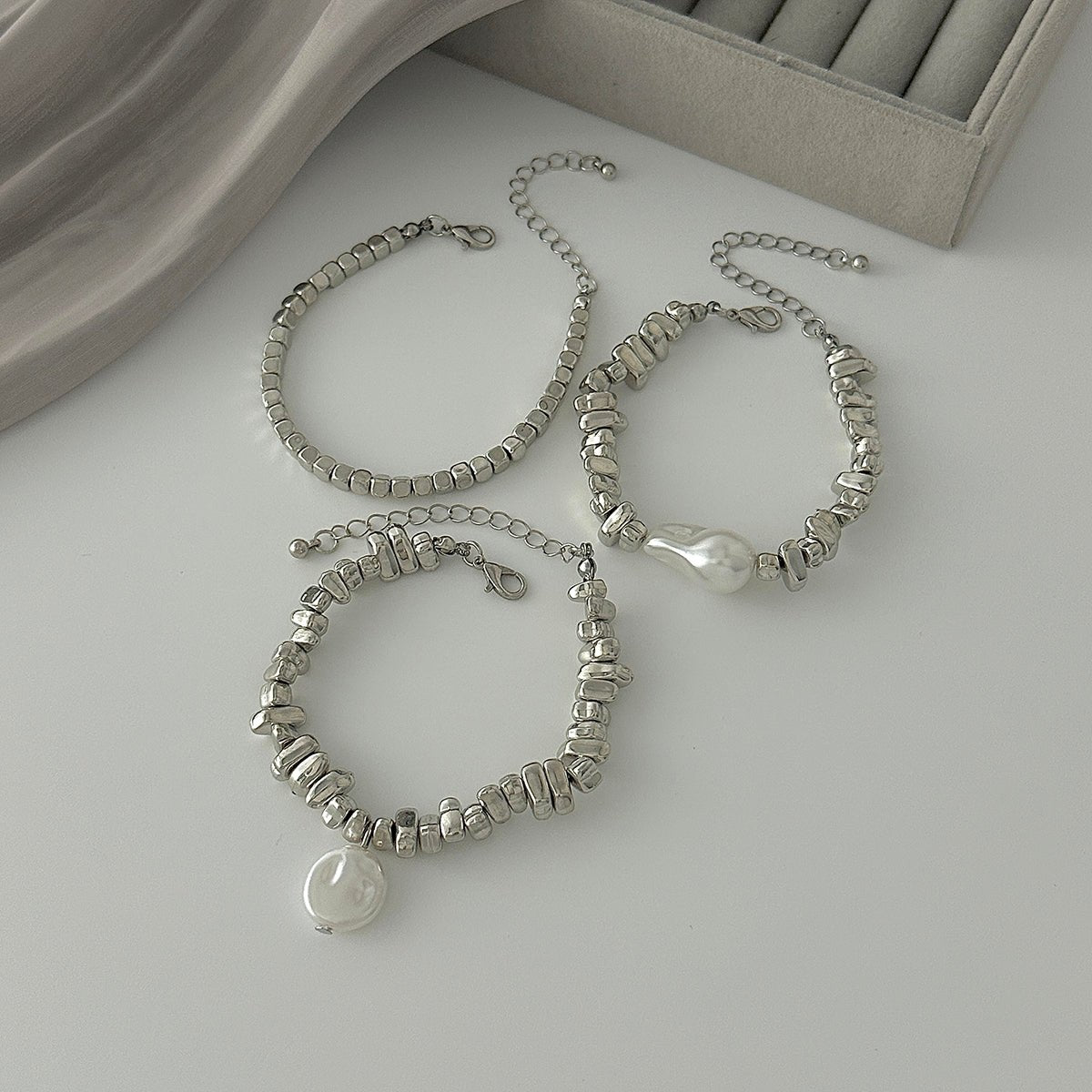 Silver Tone Pearl Bracelet Set Irregular Square Beaded Charm - ArtGalleryZen