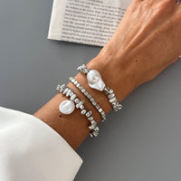 Thumbnail for Silver Tone Pearl Bracelet Set Irregular Square Beaded Charm - ArtGalleryZen