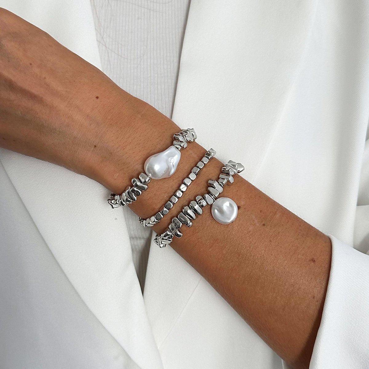 Silver Tone Pearl Bracelet Set Irregular Square Beaded Charm - ArtGalleryZen