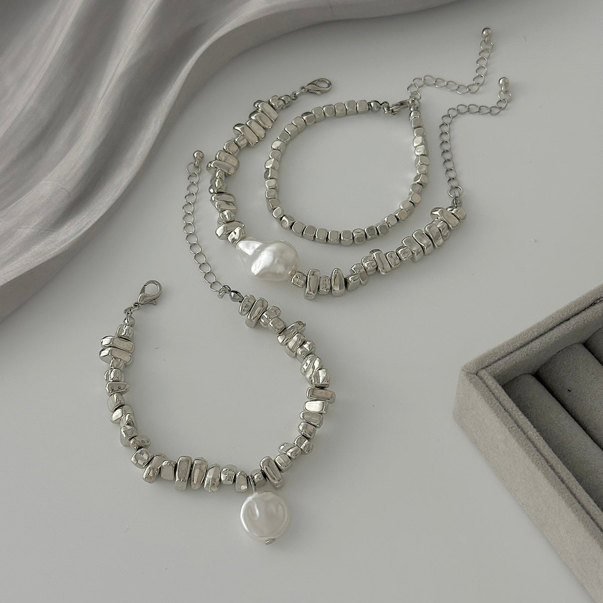 Silver Tone Pearl Bracelet Set Irregular Square Beaded Charm - ArtGalleryZen