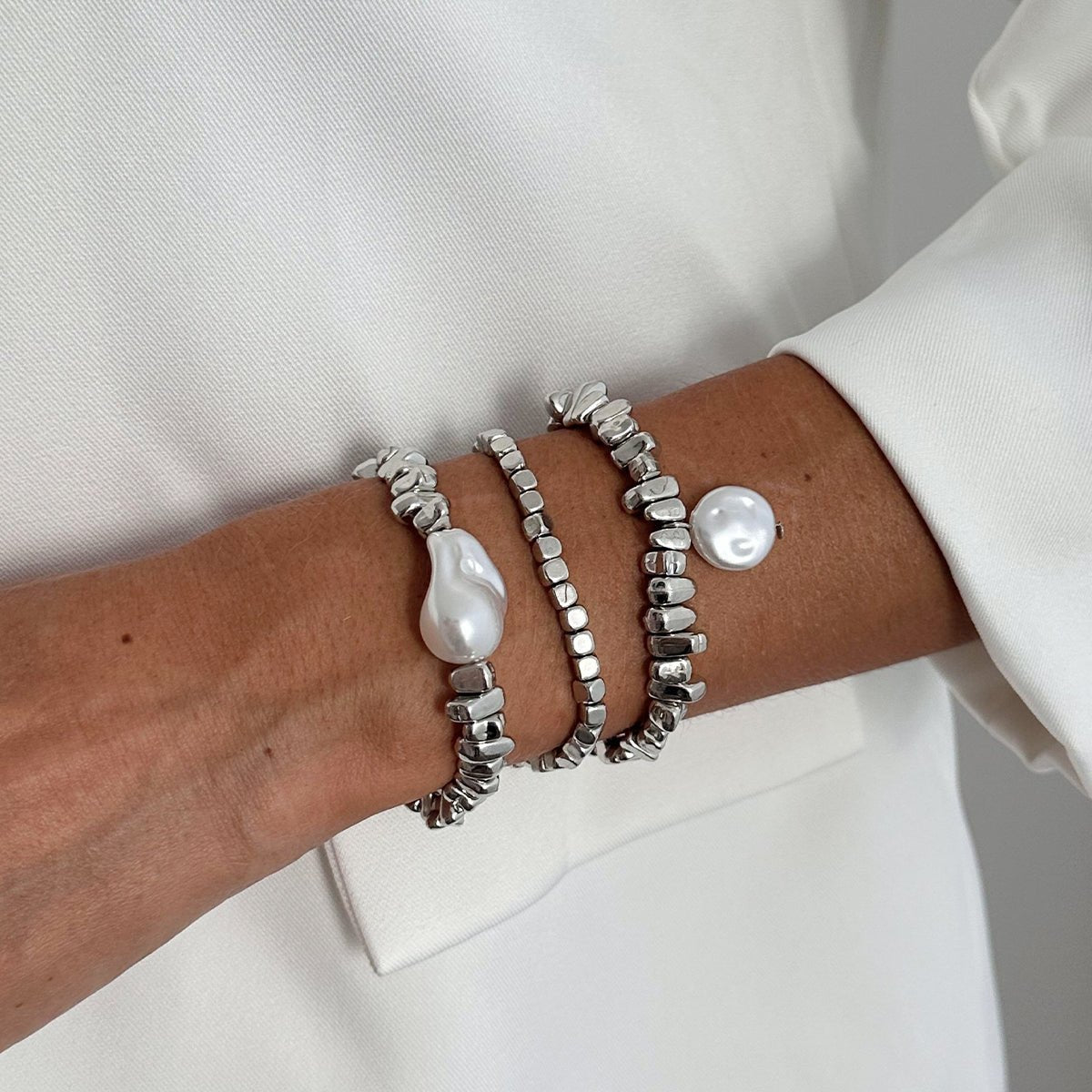 Silver Tone Pearl Bracelet Set Irregular Square Beaded Charm - ArtGalleryZen