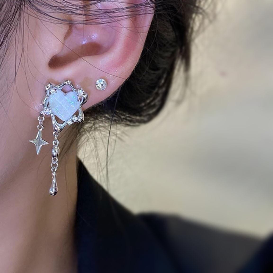 Sparkling Irregular Heart Star Tassel Chain Earrings - ArtGalleryZen