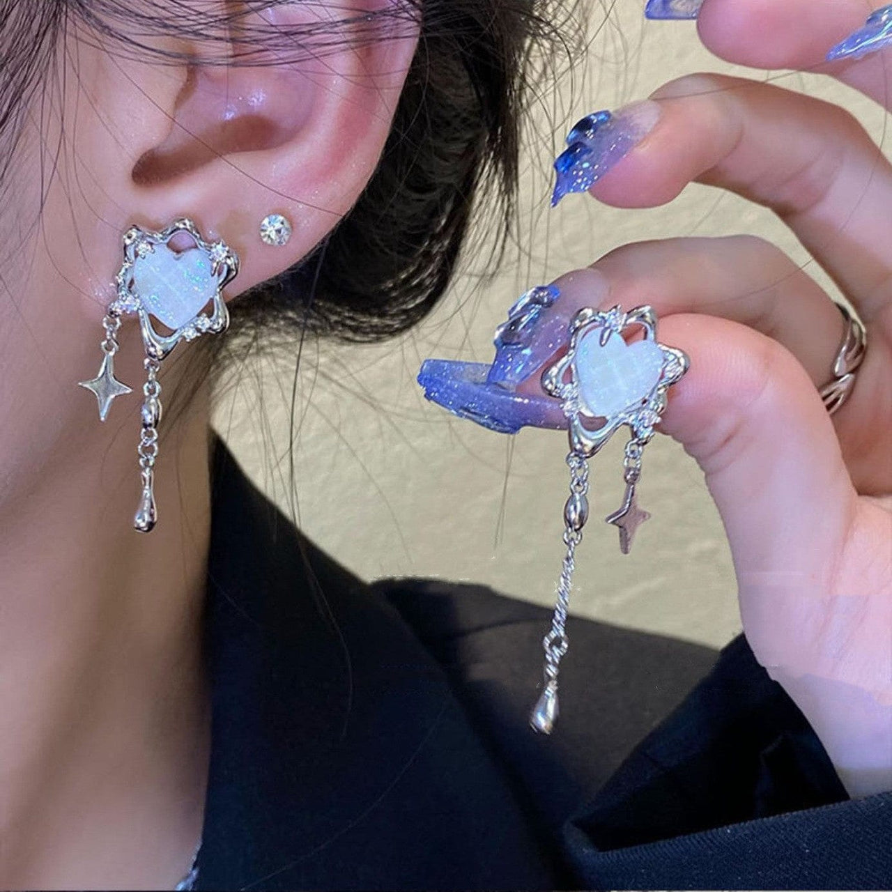 Sparkling Irregular Heart Star Tassel Chain Earrings - ArtGalleryZen