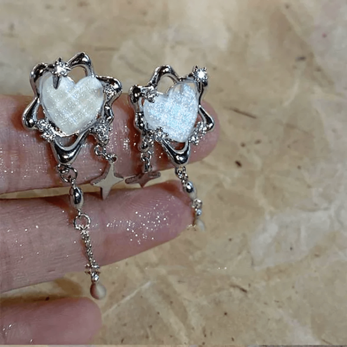 Sparkling Irregular Heart Star Tassel Chain Earrings - ArtGalleryZen