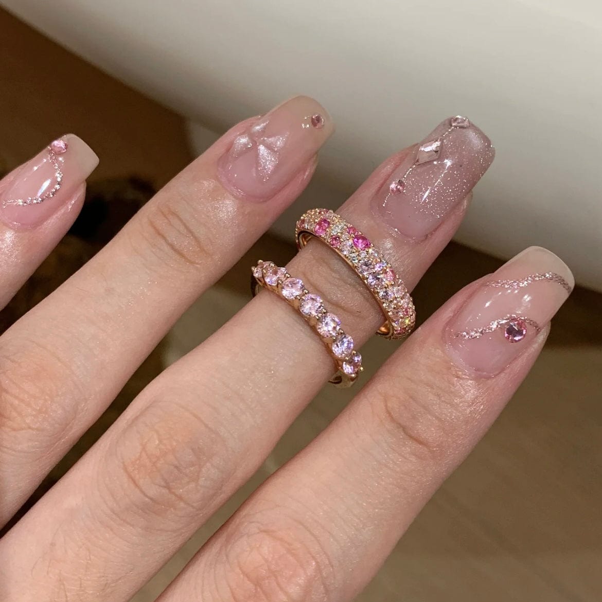Sparkling Pink CZ Inlaid Rose Gold Plated Stackable Ring Set - ArtGalleryZen