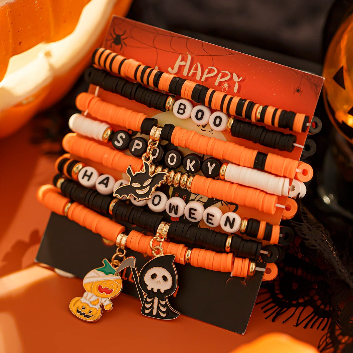 Spooky 8Pcs Halloween Bat Skeleton Pumpkin Charm Letter Beaded Bracelet Set - ArtGalleryZen
