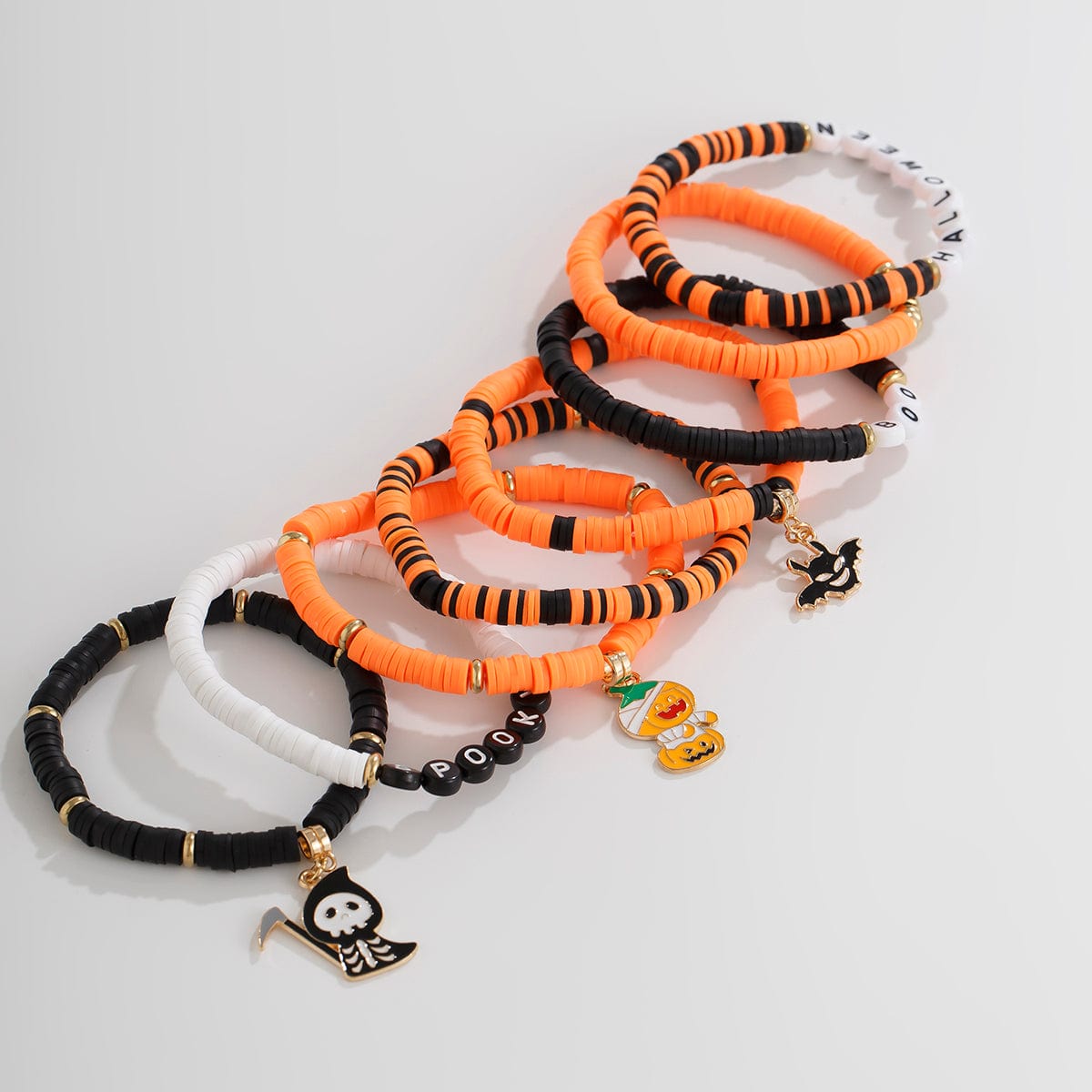Spooky 8Pcs Halloween Bat Skeleton Pumpkin Charm Letter Beaded Bracelet Set - ArtGalleryZen