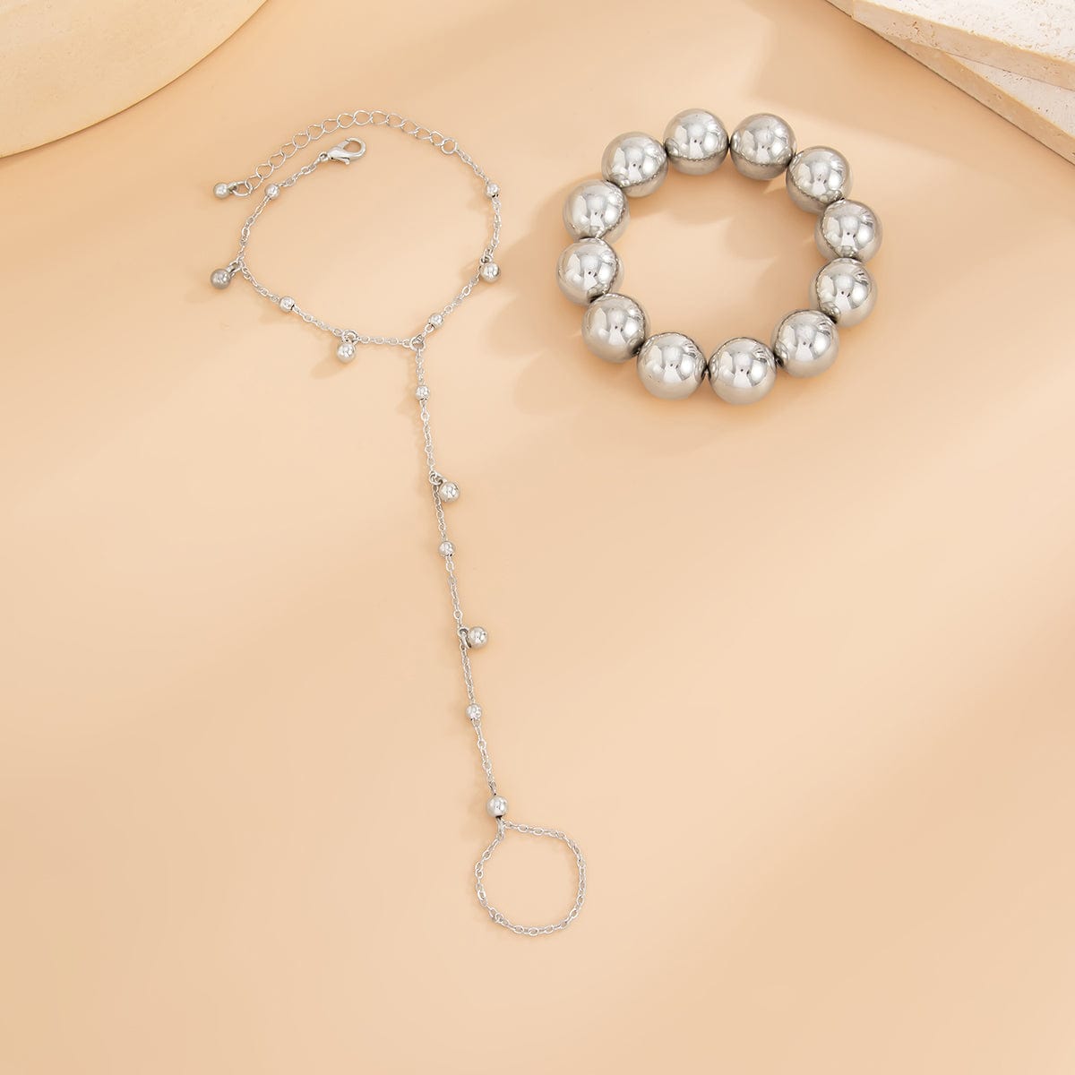 Stylish 2pcs Ball Chain Finger Ring Bracelet Set - ArtGalleryZen