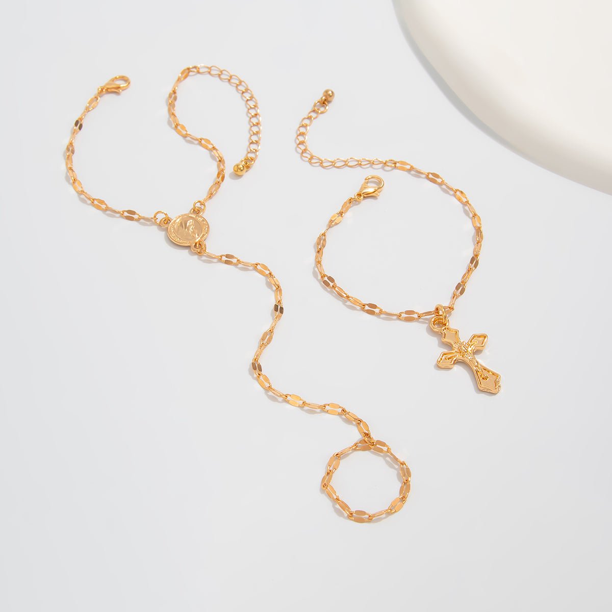 Stylish 2pcs Cross Oval Disk Charm Finger Ring Bracelet Set - ArtGalleryZen