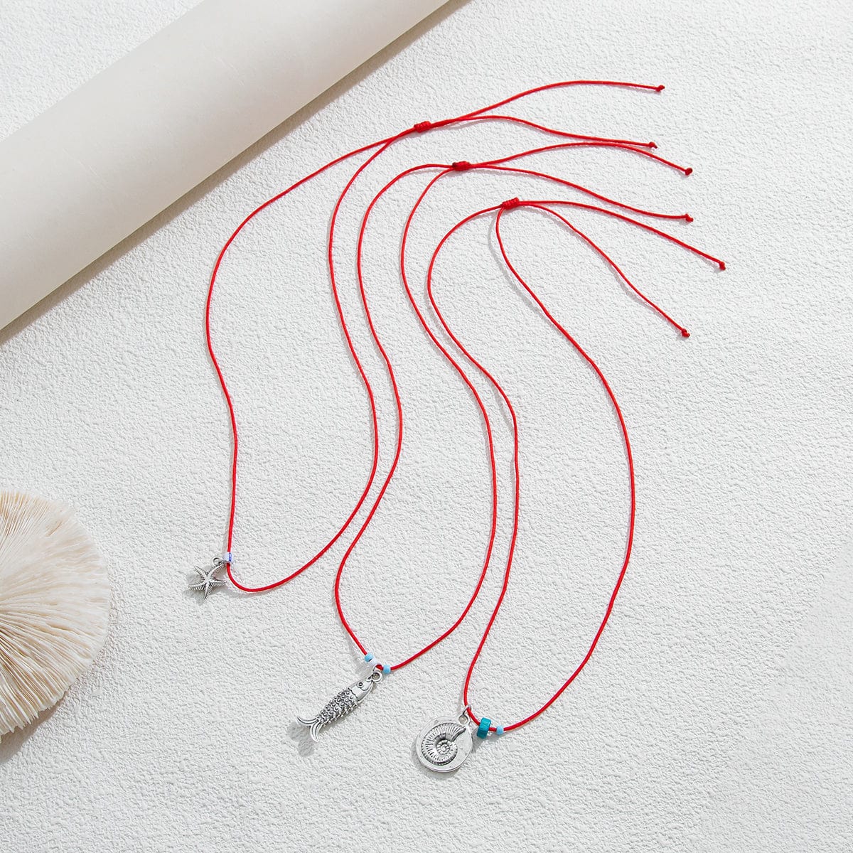 Stylish 3Pcs Shell Fish Starfish Pendant Jade Cord Necklace Set - ArtGalleryZen