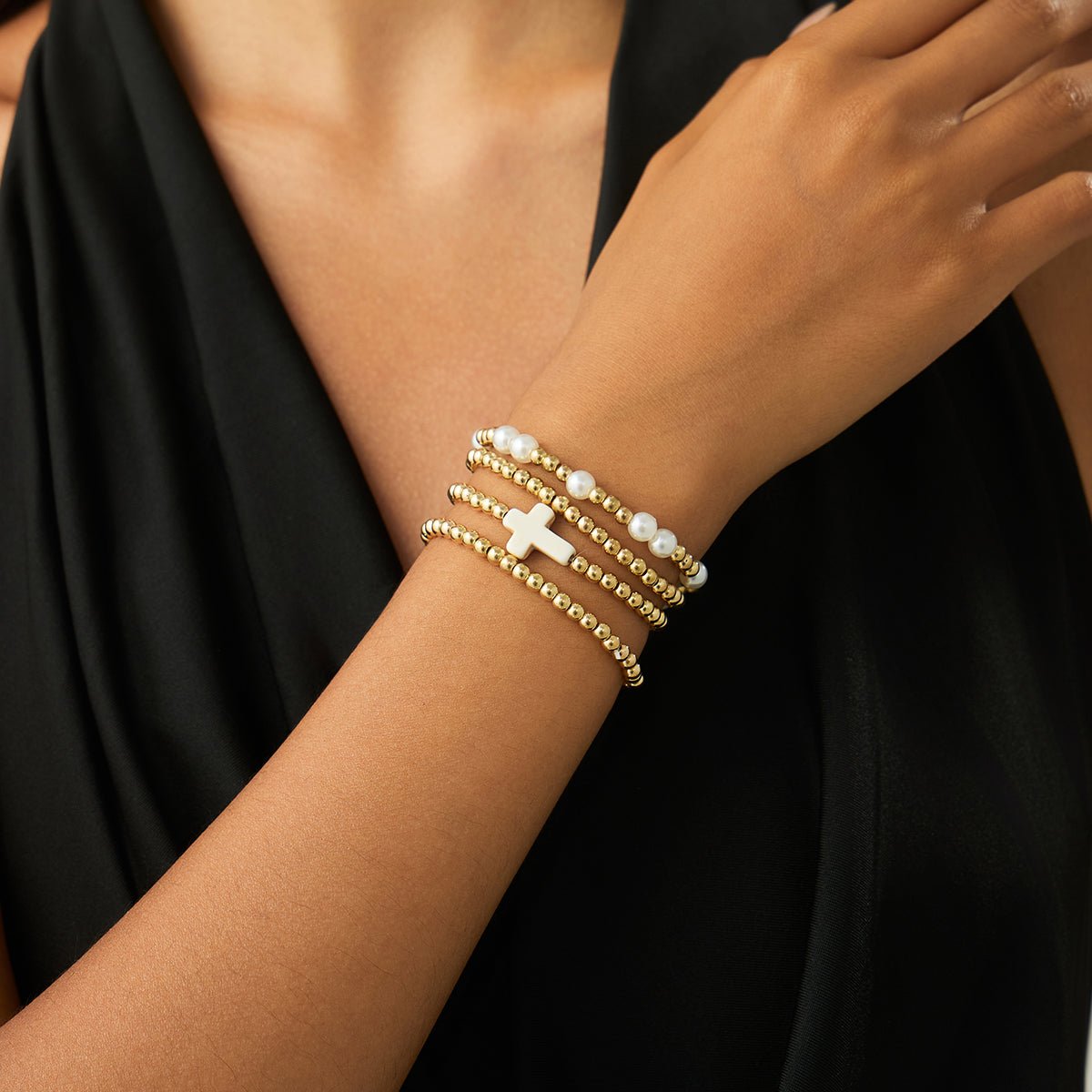 Stylish 4pcs Cross Charm Pearl Beaded Chain Bracelet Set - ArtGalleryZen