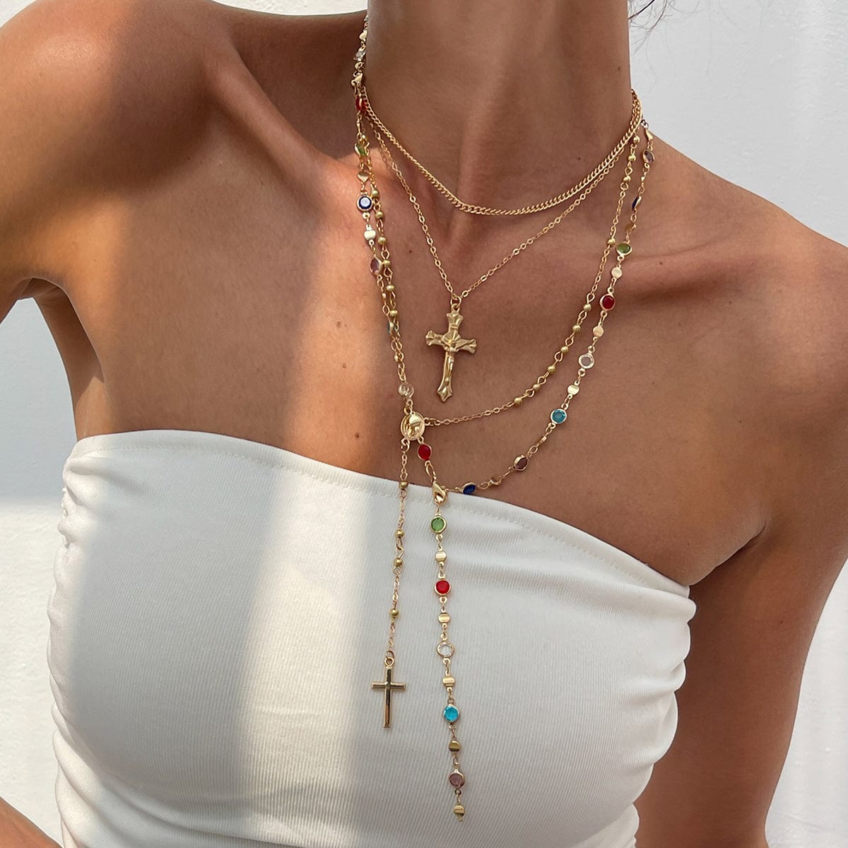 Stylish 4pcs Cross Pendant Colorful Crystal Chain Y Necklace Set - ArtGalleryZen