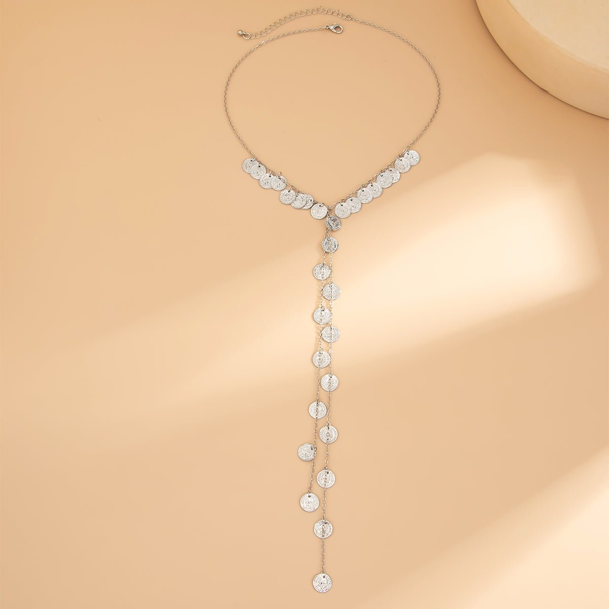 Stylish Gold Silver Tone Pattern Round Disk Tassel Long Chain Necklace - ArtGalleryZen