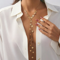Thumbnail for Stylish Gold Silver Tone Pattern Round Disk Tassel Long Chain Necklace - ArtGalleryZen