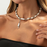 Thumbnail for Stylish Heart Pendant Irregular Pearl Beaded Chain Choker Necklace - ArtGalleryZen