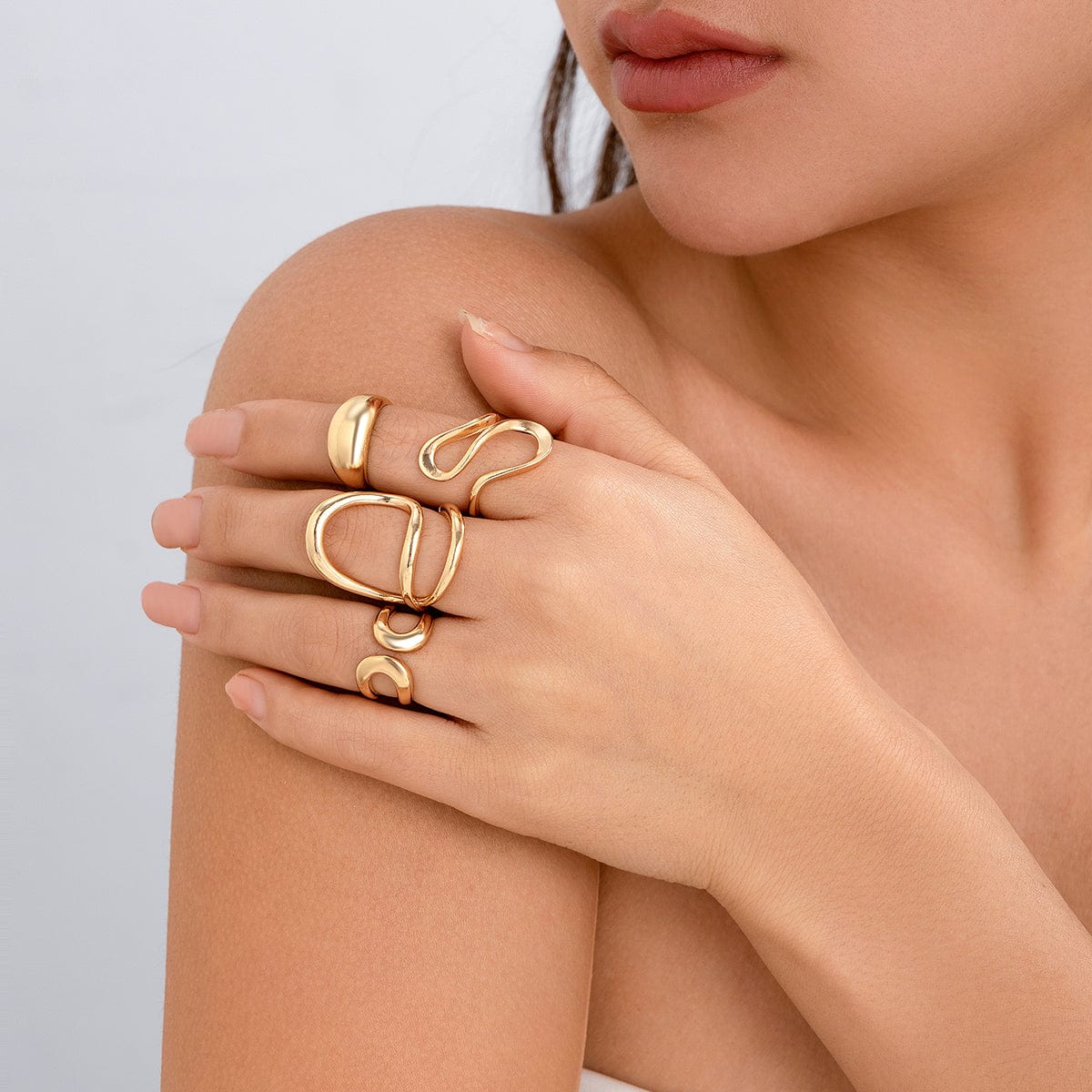 Stylish Irregular Curved Hollow Glossy Open Ring Set - ArtGalleryZen