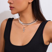 Thumbnail for Stylish Layered Cross Pendant Pearl Chain Necklace - ArtGalleryZen