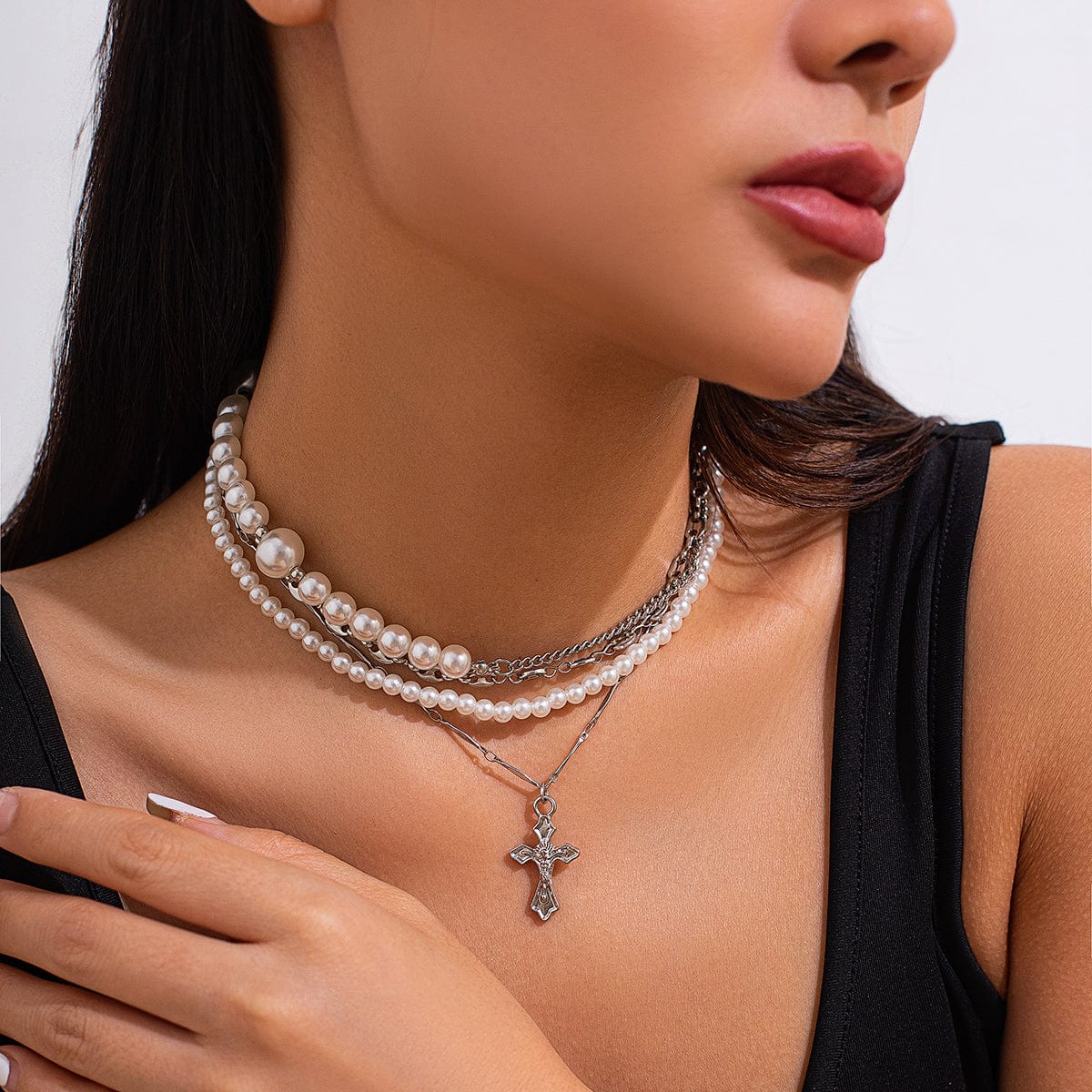 Stylish Layered Cross Pendant Pearl Chain Necklace - ArtGalleryZen