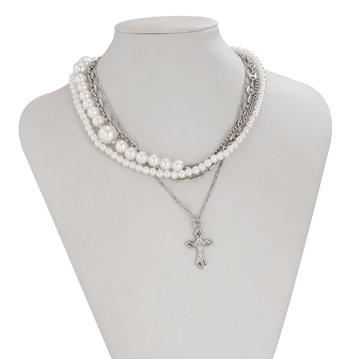 Stylish Layered Cross Pendant Pearl Chain Necklace - ArtGalleryZen