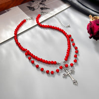 Thumbnail for Stylish Layered Floral Cross Pendant Red Pearl Chain Necklace - ArtGalleryZen