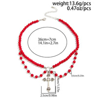 Thumbnail for Stylish Layered Floral Cross Pendant Red Pearl Chain Necklace - ArtGalleryZen
